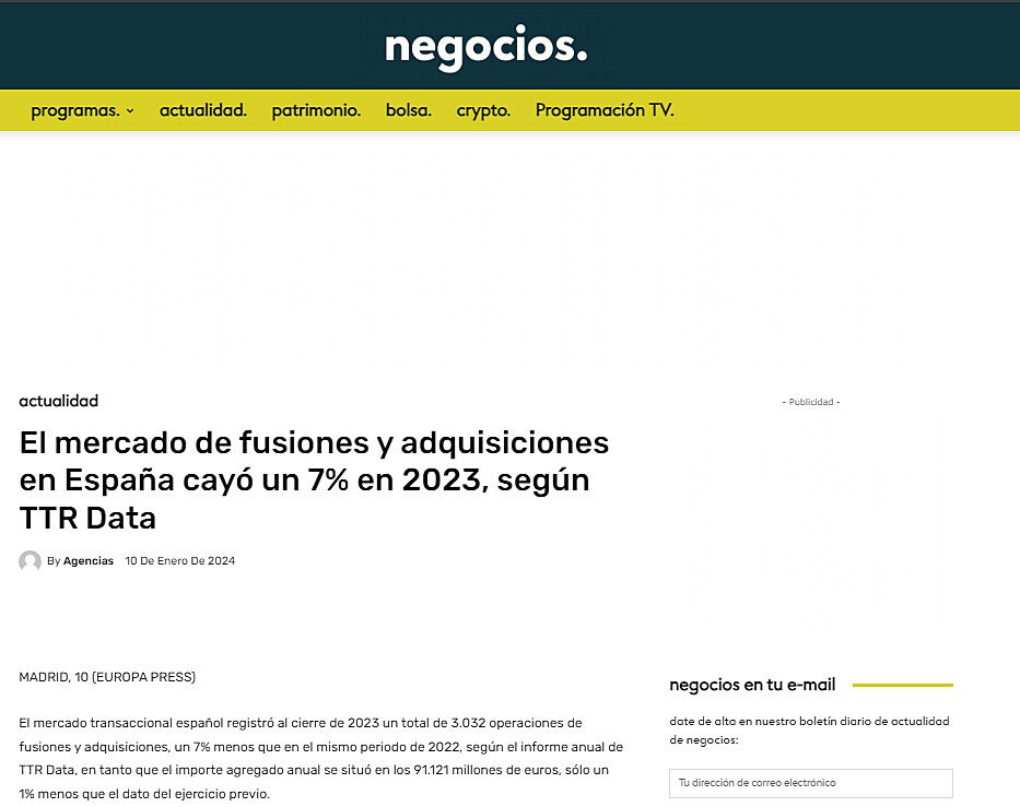 El mercado de fusiones y adquisiciones en Espaa cay un 7% en 2023, segn TTR Data